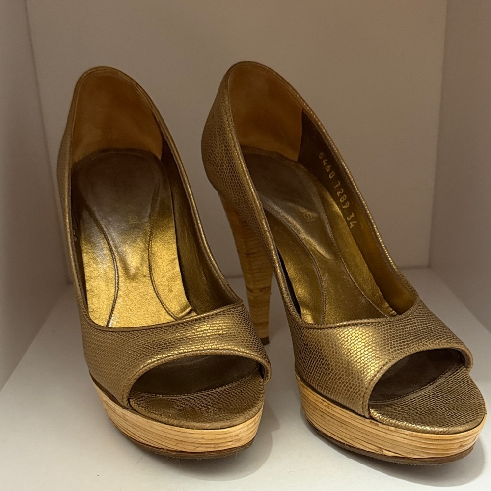 Sergio Rossi Gold Peep-Toe Platform Heels